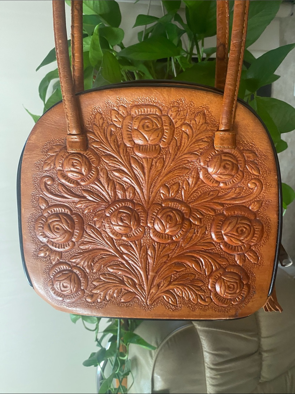 Handcrafted Brown Embossed Leather Tote Bag